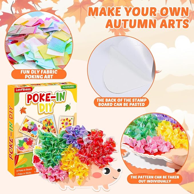 8PCS Poke-in Craft Art Kit Kids Fall Thanksgiving No-Mess Fabric Sewing Girl Boy 4-12 Puzzle Puncture Painting DIY Turkey Pumpkin Fall Harvest Toy Gift Creative Activity Game Birthday Party