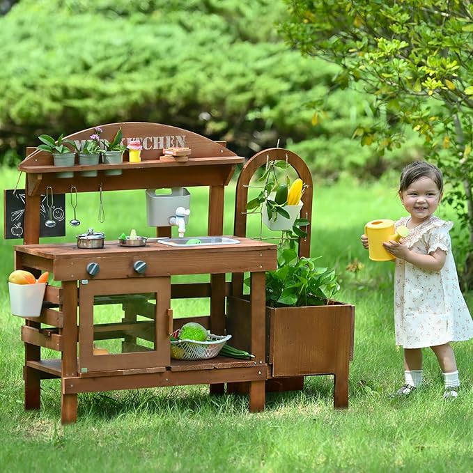 Outdoor Mud Kitchen for Kids 43.7in, Wooden Play Kitchen with Plant Growing Box, Observation Room, Sink, Faucet for Backyard Garden