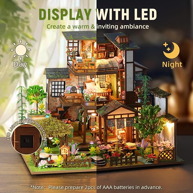DIY Miniature House Kit with LED Lights, Bamboo Spring Courtyard Wooden Mini House Building Kit for Adults & Teens, Creative Crafts for Women, Friends & Hobbyists