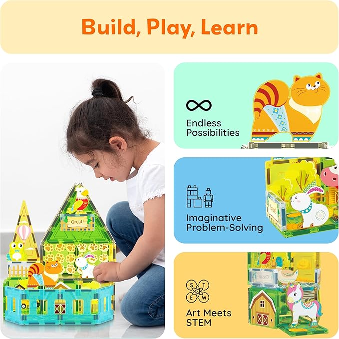 PicassoTiles 26pcs Magnetic Tiles Magnet Tile Building Blocks Printed Fall Farm Themed Animal Toy Set with 8 Farmyard Animals Character Action Figures STEM Learning Playset for Kids, Ages 3+ PTQ27
