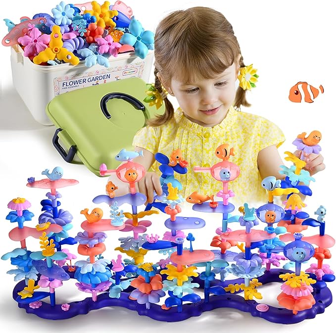 Doloowee 156Pcs Flower Garden Building Toys for Girls 3 4 5 6 7 8Year Old, Upgrade DIY Marine Coral Stacking Toys, STEM Preschool Educational Toddler Toys