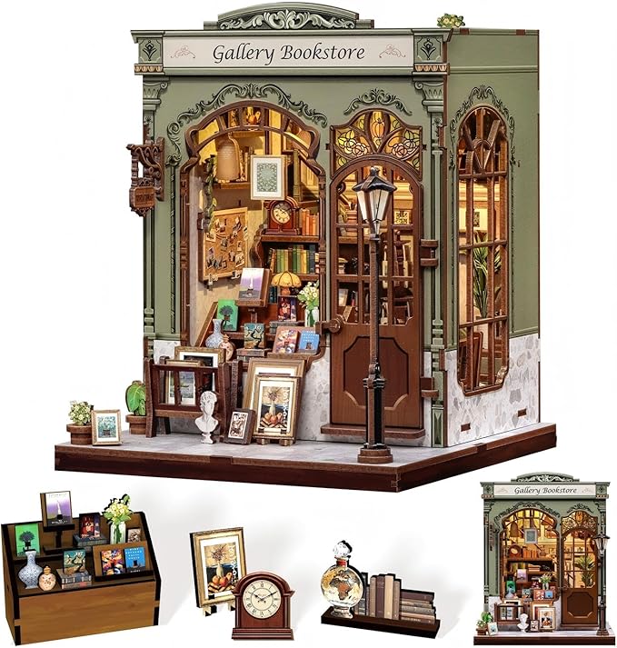 CUTEBEE DIY Book Nook Kit, Miniature House Kits for Adult and Teens, DIY Miniature Book Nook kit with Sensor Led Light, Gifts for Lovers and Family (Gallery Bookstore)