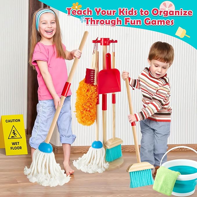 Lonico Wooden Kids Cleaning Toy Set Pretend Play Toys, 12 Pcs Toddlers Cleaning Mop Broom and Dustpan Set with Organizing Stand/Bucket/Duster/Brushes, Toddler Toys Gift for Boys Girls Aged 3 4 5 6