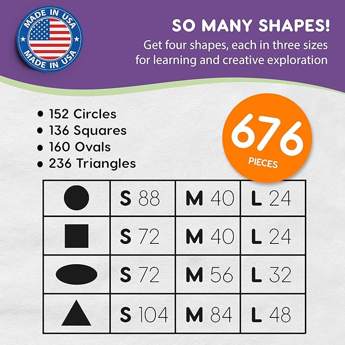 Basic Shapes 1: Circles, Triangles, Squares, Ovals, 676 Pieces US Made Card Stock Punch Out Geometric Shapes in 3 Sizes and 4 NEON Colors for Math, Pattern Play and DIY Crafting