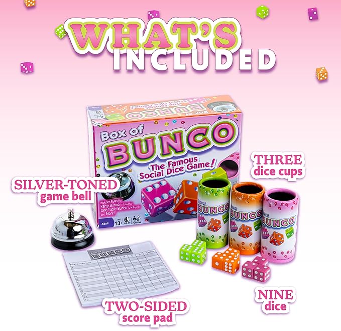 Continuum Games Retro Bunco Game Kit Party Box for Ladies Night 2-12 Players 3 Sets of Bunco Dice, Bell, and Score Pad for Game Night