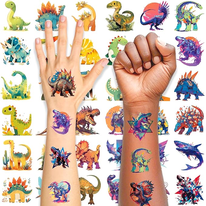 Aresvns Cute Dinosaur Temporary Tattoos for Kids, 117 Parttens Fake Cartoon Colorful Waterproof Tiny Tattoos for Girls Boys Birthday Party Summer Swimming Pool BBQ Decoration Supplies