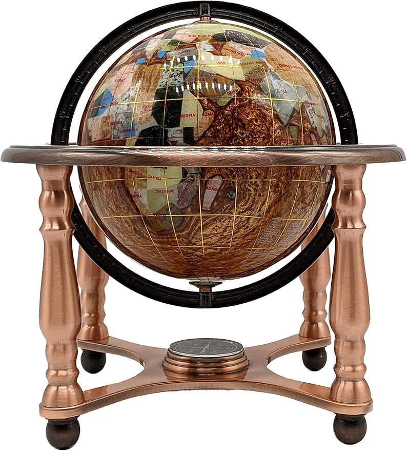 Unique Art 10-Inch Tall Table Top Amber Pearl Swirl Ocean Gemstone World Globe with Copper 4 Leg Stand (Amber-4 Leg - Copper)