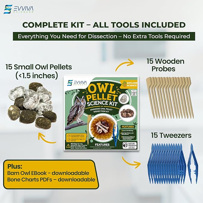 ES EVVIVA SCIENCES Owl Pellet Kit - Dissect 15 Mostly Small Real Owl Pellets w/Tools & PDF Bone Charts - Science Education Kit for Ages 15+ - Hands-On Animal Biology Science Lab Activity