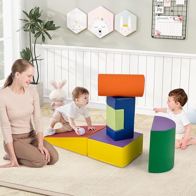 Costzon Toddler Climbing Toys, 6 Pieces Climb and Crawl Playset with PU Cover for Baby Crawling, Climbing & Playing, Indoor Foam Climbing Blocks for Toddlers