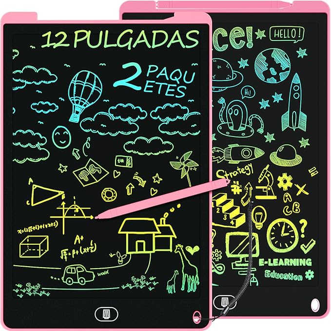 2 Pack 12 Inch LCD Writing Tablet for Kids, Colorful Doodle Board, Eye Protection Drawing Tablet with Lock & Erase FUNC, Learning Gifts and Trip Toy for 3-8 Years Old Boys and Girls - Pink