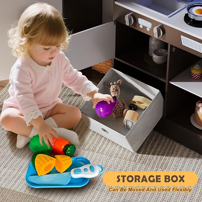 JOYDIAS Kids Play Kitchen Set, Pretend Wooden Kid Kitchen Playset Toy Kitchen w/Sound and Light, Oven, Ice Maker, Blackboard & Toy Storage Box, Toddler Kitchen Accessories for Kids Ages 3+