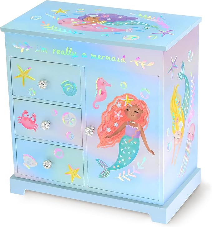 Mermaid Musical Jewelry Box for Girls - Kids Music Box with Drawers, Mermaid Mermaid Gifts for Girls, Mermaid Jewelry Boxes for Ages 3-10 - 9 x 5 x 9.3 in, Blue