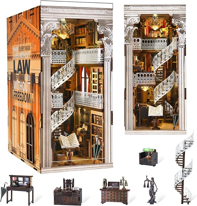 DIY Book Nook Kit, Miniature Dollhouse Booknook Kit, 3D Wooden Puzzle Bookend Bookshelf Insert Decor with LED Light for Teens and Adults (Law Library)