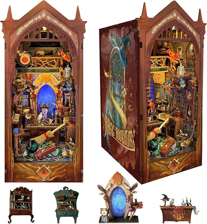 DIY Book Nook Kit, DIY Miniature Dollhouse Kit for Adults and Teens, Book Nook Bookshelf Insert Decor 3D Wooden Puzzle Bookend Miniature Kit with Sensor Light Creative Craft (Magic Academy)