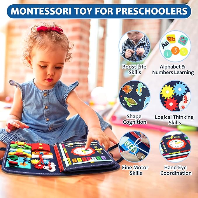 Qizfun Busy Board Montessori Toy for Toddlers, Educational Sensory Learning Toy for Fine Motor Skills, Preschool Travel Toy for Airplane & Car, Gifts for Boys and Girls (Blue/P4)