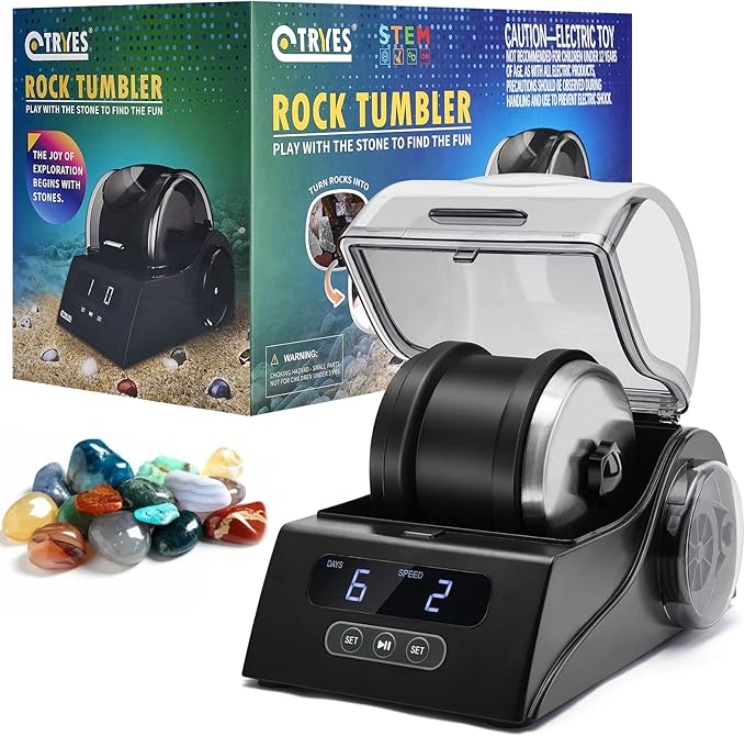 Rock Tumbler Kit Adults - Rock Polisher Tumbler with Noise Reduction Cover, Speed&Timer Control, Includes 4 Polishing Grits, Rough Gemstones, Learning Guide etc., Great Science Gift for All Ages