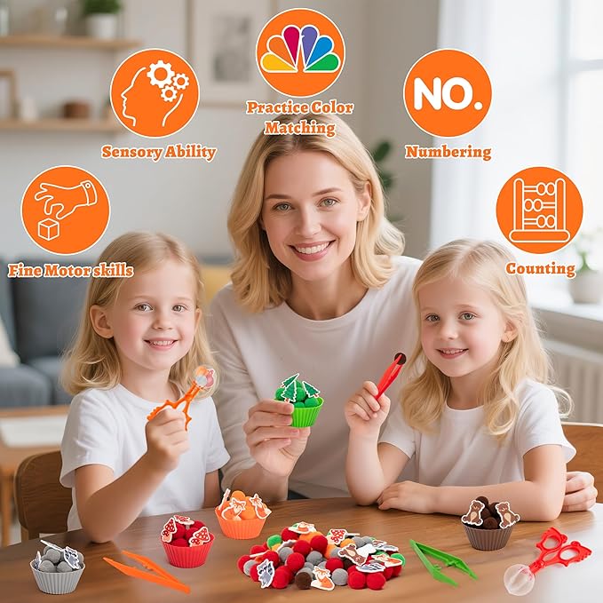 EZdhuawuse Woodland Animals Sensory Bin Fillers - 266Pcs Fall Animals Fine Motor Toys Sorting Stacking Toys for Kids, Felt Fox Bear Pom Poms Cup Clip for Preschool Education Early Development Activity