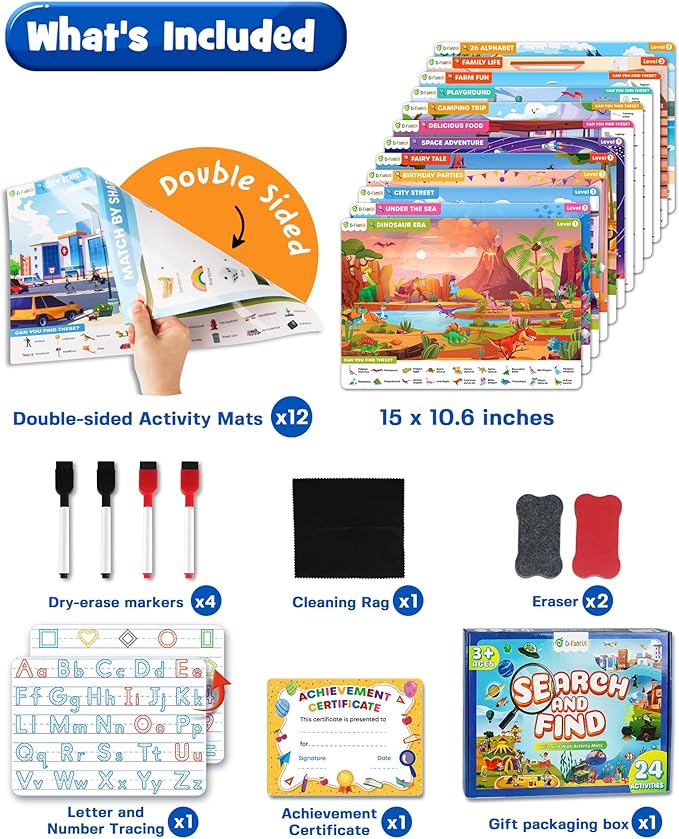 Preschool Learning Activity - Search and Find Book, Reusable Learning & Education Toys, Travel Game for Road Trip Car Airplane, 24 Activity with 4 Dry Erase Markers, Birthday Gifts for Kid Ages 3-6