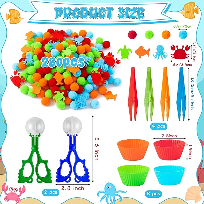 EZdhuawuse Summer Sea Animal Sensory Bin Fillers - 295Pcs Ocean Animal Fine Motor Toys Color Counting Sorting Set for Kids, Felt Octopus Crab Turtle Pom Poms Cup Clip for Preschool Education Training