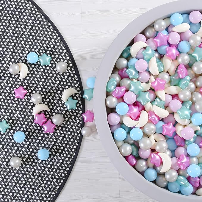 GOGOSO Ball Pit Balls Stars Moon Shapes Plastic Pitballs for Toddler Play Tent Baby Photo Props Kids Pool Water Toys Kiddie Pool Party Decor,Pearl Colors Mix,100pcs
