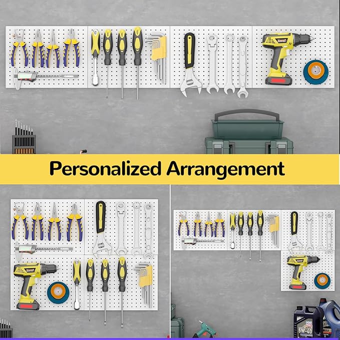 Peg Board,4 Pack Metal Peg Board Panels,White PegBoard Wall Organizer,16"x12" Small Tool Pegboard for Walls,Tools,Garage,Office,Kitchen