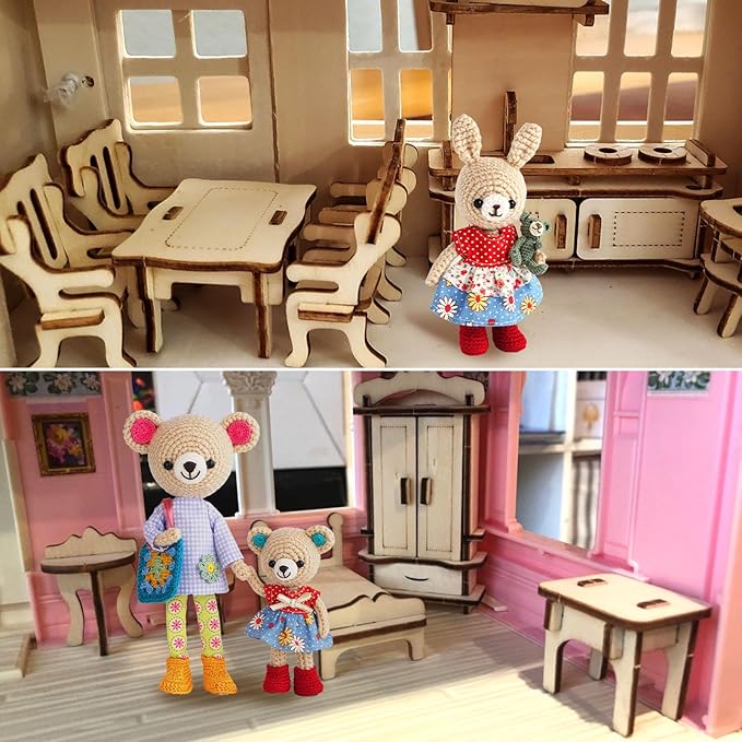 LOVEINUSA DIY Wooden Dollhouse Furniture Set, 3D Puzzle Miniature Room Accessories, Natural Wood