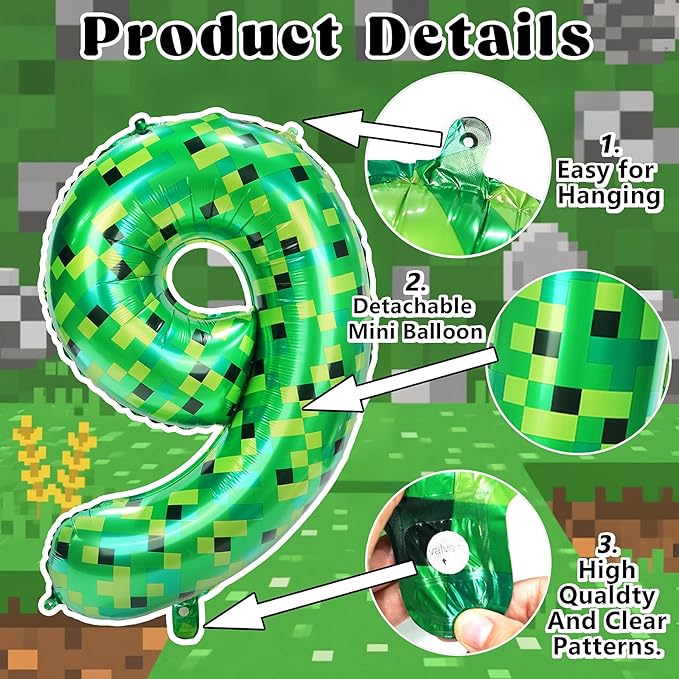 40in Pixel Giant Number 9 Balloon Birthday Decorations, Miner Theme Green Foil Balloons Blast Gaming Party Supplies