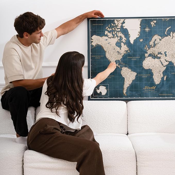 Canvas World Map with Cork Pin Board - English Lettering - Decorative Wall Decoration for All Rooms - Canvas Pictures with World Map Motif (90x60 cm, Pattern 19)