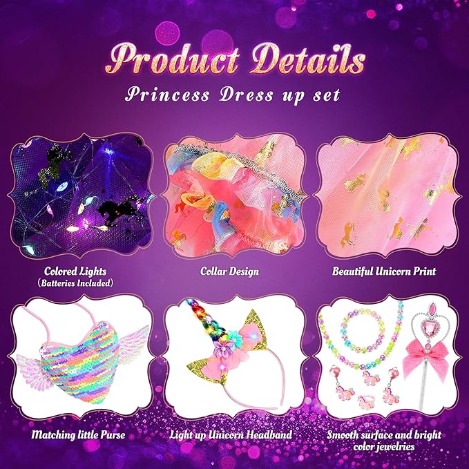 Fedio Princess Dress up for Girls,Unicorn Light up Princess Cape Set,Light up Princess Dress with Unicorn Toys for Girls 3-8 Halloween