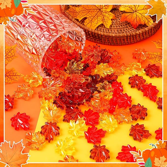 120Pcs Fall Thanksgiving Ornaments, Maple Leaves Vase Filler Acrylic Crystals Gems Table Scatters for Fall Autumn Thanksgiving Halloween Decoration Party Favors Craft Supplies