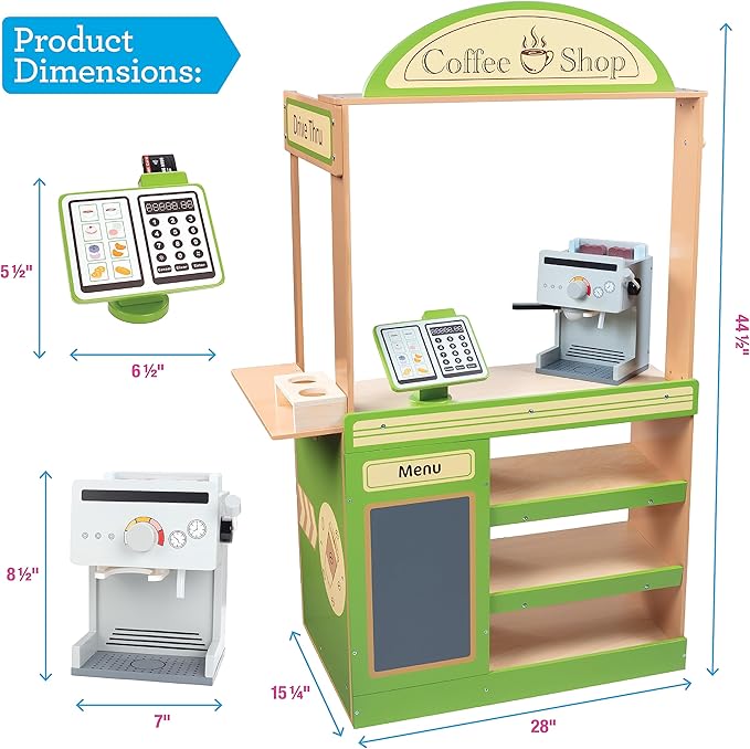 Pretend Coffee Shop Wooden Playset- Drive Thru Window Holiday Fun- Frappuccino, Straws, Espresso Maker, Bread, Pastries, Rotating Cash Register, Coffee Cups, Apron- 25+ Play Pieces Kids Xmas Gift