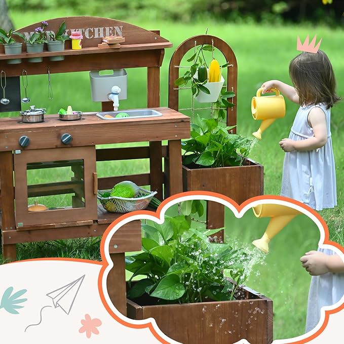 Outdoor Mud Kitchen for Kids 43.7in, Wooden Play Kitchen with Plant Growing Box, Observation Room, Sink, Faucet for Backyard Garden