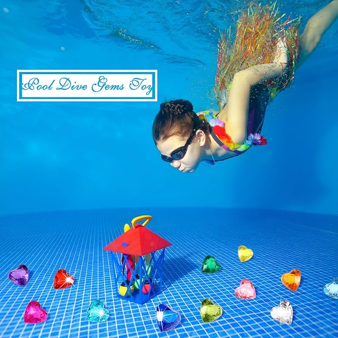 Hicarer 100 Pieces Diving Gem Pool Toys Colorful Big Diamond Pirate Treasure Diving Gems Acrylic Heart Gemstones Summer Beach Underwater Swimming Toys for Kids Swimming Party Favor Pool Training Gift