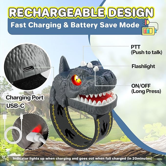Dinosaur Walkie Talkies for Kids Rechargeable, Wrist Walkie Talkie with Flashlight, Outdoor Adventure Camping Toys, T-Rex Dino Toy Birthday Gifts for Boys Girls Age 4 5 6 7 8 9 10 Years Old