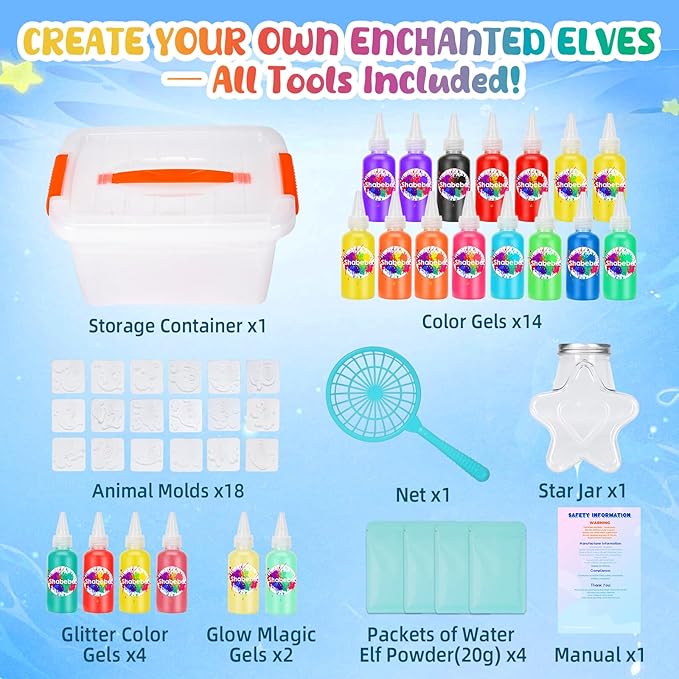 Magic Water Elf Toy Kit– 20 Magic Gels (2 Glow-in-The-Dark) & 18 Sea Creature Molds, DIY Aqua Fairy Water Gel Crafts Toy, Make Water Pets & Squishy Figures, Fun Birthday Gift for Kids Ages 3+