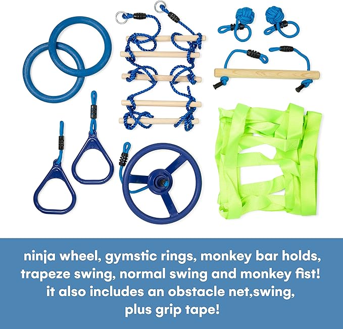 Flybold Slackline Obstacle Course for Kids - Ninja Warrior Training Kit with 8 Adjustable Obstacles, Twin Gear Ratchet, Outdoor Ninja Course for Kids - 40 ft Line Stainless Steel with Tree Protectors