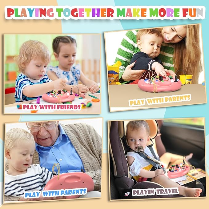 Montessori Busy Board, Busy Board with LED Light for Toddlers 2-4 Year Old, Baby Sensory Board Toddler Travel Toys for Kids My Preschool Busy Book Boy and Girls Birthday Gifts (Pink)