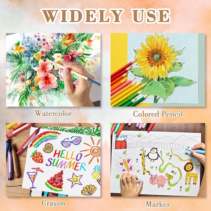 150PCS 9x12 Watercolor Paper Bulk, 140lb/300g Cold Press Thick Water Color Paper Pad for Kid Child Adult, White Art Paper for Drawing Painting Markers Gouache, Textured Cotton Paper Sheets