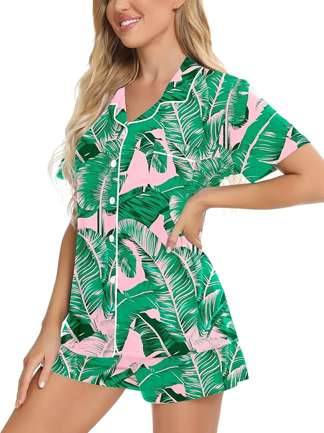 SWOMOG Womens Button Down Pajamas Set Short Sleeve Sleepwear Bride Soft Pj Lounge Sets XS-3XL