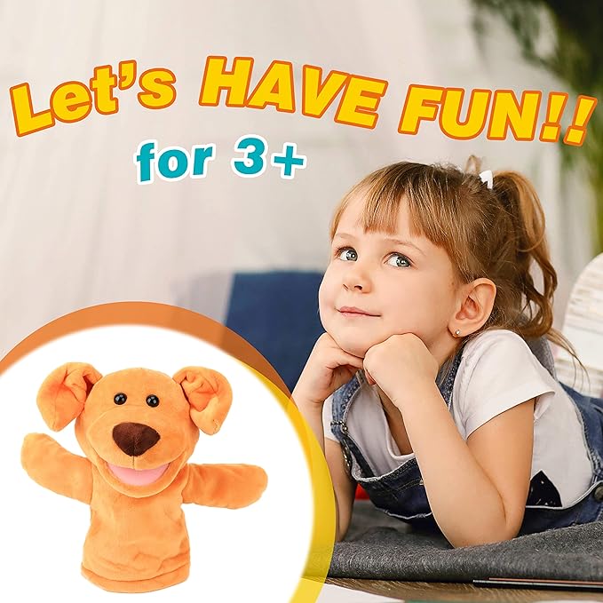 Easfan Puppy Hand Puppet Soft Animal Plush Toy with Movable Mouth Interactive Storytelling Cute Dog Toys Creativity Imagination Christmas Birthday Gifts for Toddlers Kids, Brown