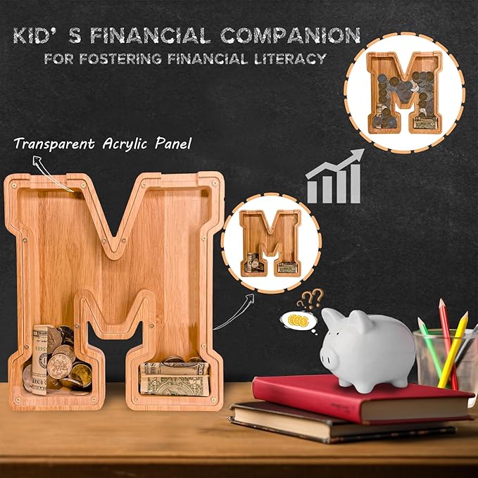 Wooden Letter Piggy Bank for Kids Larger Letter Piggy Bank for Boys and Girls Personalized Piggy Bank Initial Coin Bank Wood Kids Money Bank for Birthday and Festival