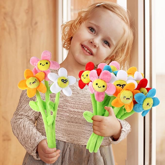 18 Pcs Plush Smile Flower Stuffed Bendable Stems Plush Bouquet Toy Soft Floral 12.6 Inch for Graduation 2025 Mother's Day Valentines Day Girl Girlfriend Wife Family and Friends(Cute Style)