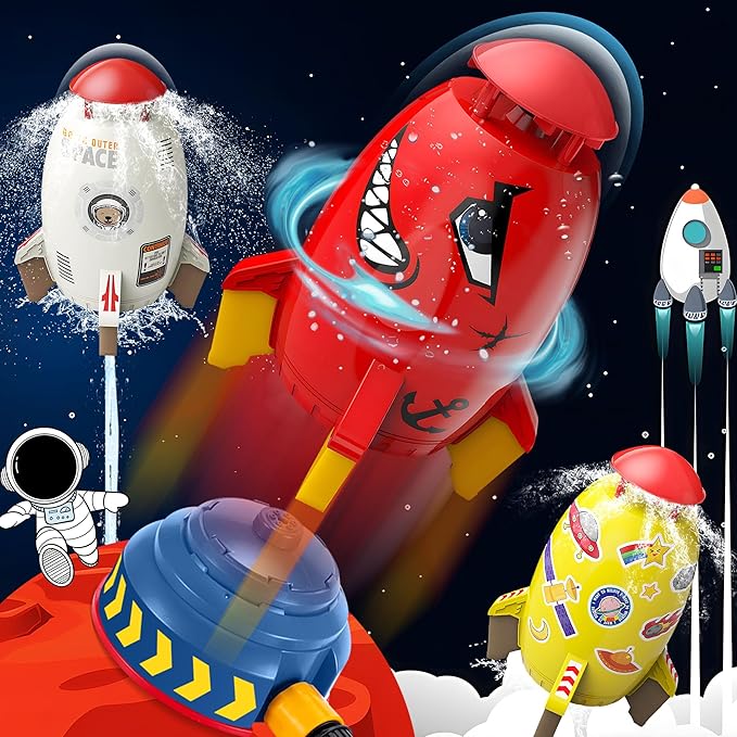 Water Rocket Sprinkler for Kids, Outdoor Sprinkler Rocket Launcher Toy for Backyard, Summer Water Toys for Kids Ages 3-12, Fun Water Powered Rocket Toy (Red-5)