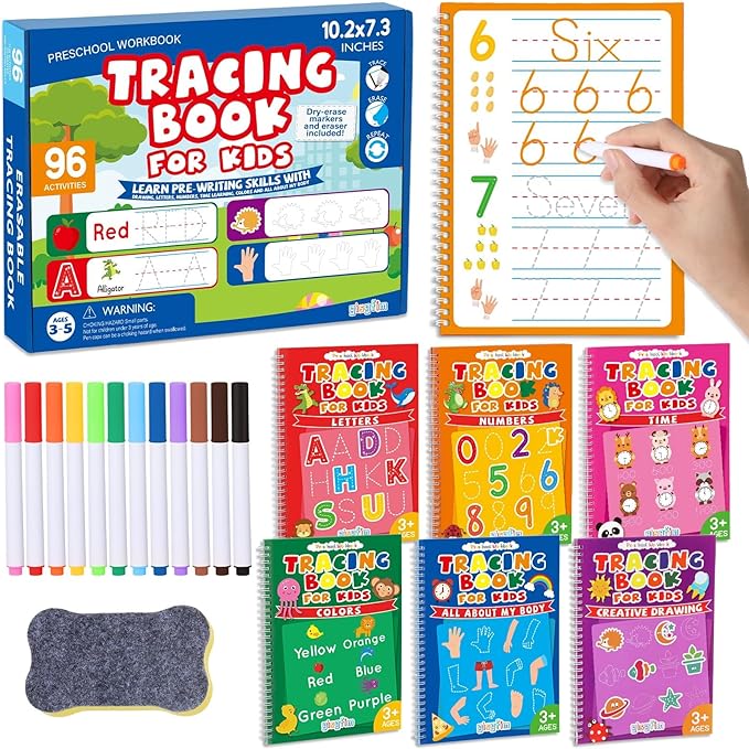 gisgfim Preschool Learning Activities 96 Pages Tracing Books for Kids Ages 3-5 Kindergarten Workbooks Dry Erase Autism Learning Workbook Writing Practice for Kids Letter Tracing Pre K Busy Book 6 Pads