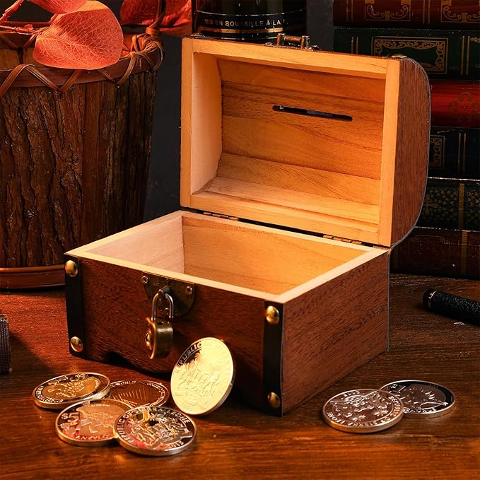 TOYANDONA Wooden Piggy Bank - Wood Treasure Chest with Lock and Key - Small Wooden Box Vintage Coin Bank Money Saving Box for Home Decor