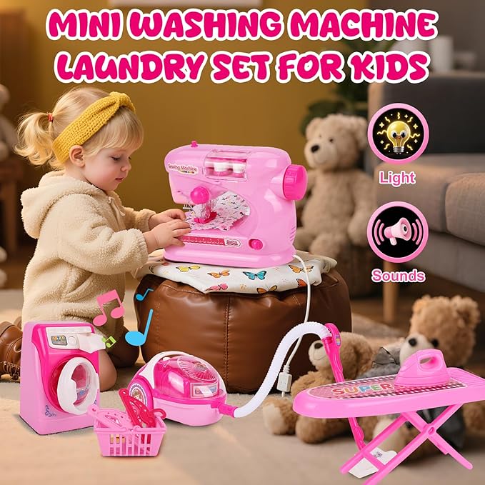 Coherny Sewing Kit for Kids Pretend Play Toys with Toy Washing Machine & Vacuum Kids Washer and Dryer Playset with Mini Sewing Machine for Dollhouse Furniture Toddles Boys Girls Cleaning Gifts