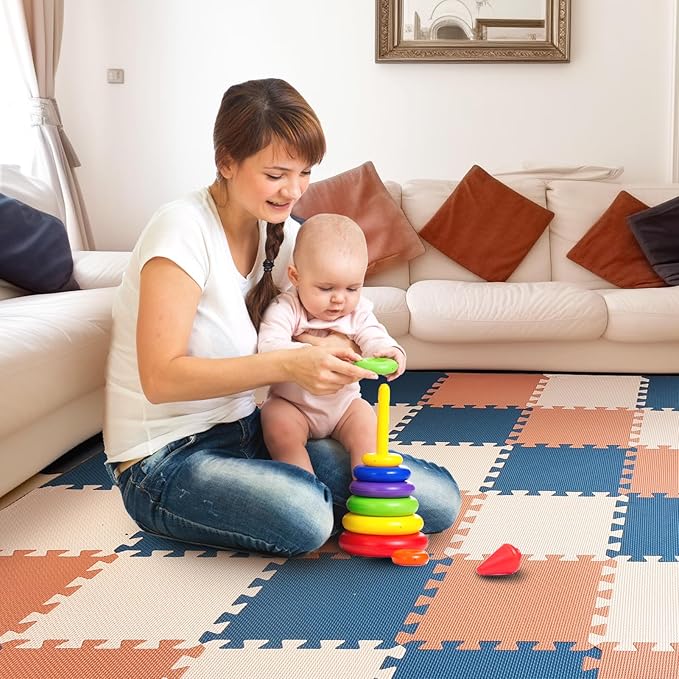 TCBunny Kids Soft EVA Foam Jigsaw Puzzle Play Mat, 18 Interlocking Tiles and Edges Baby Play Mat, for Kids Gym, Nursery, Playroom, Pet Mat, Total Floor Coverage 16 Sq Ft