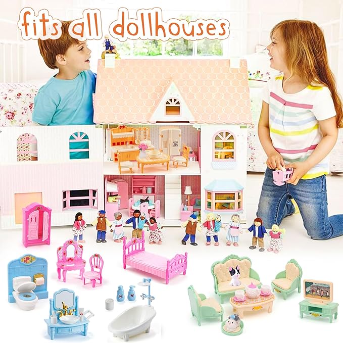 45 Pcs Dollhouse Furniture Set Accessories Pretend Play Bedroom Living Room Bathroom Kitchen Doll House Mini Furniture for Kids Birthday and Christmas 4 Colors