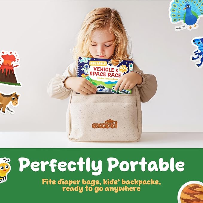 Excool Club Pack 3 Toddler Reusable Sticker Book - Waterproof Jelly Sticker Book for Kids, Dinosaur, Vehicle, Animal Stickers Books Travel Toys Activities, Cute Birthday Gifts for Boy Girl