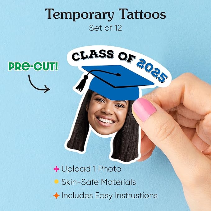 Big Dot of Happiness Custom Photo Blue Grad Cap, Personalized Graduation Party Favors, Fun Face Temporary Tattoos, Set of 12